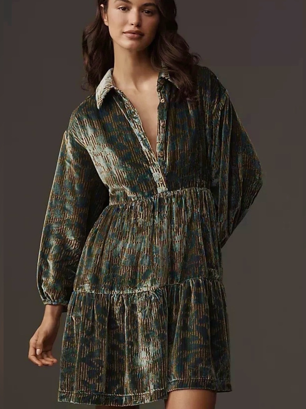 Anthropologie The Bettina Velvet Tiered Mini Shirt Dress by Maeve XL NWT